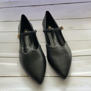 New York & Company  Vlada Black Pointed Toe T-Strap Flats